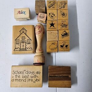 Vintage Wood Rubber Stamps Lot School Teacher Crafting Scrapbooking‎
